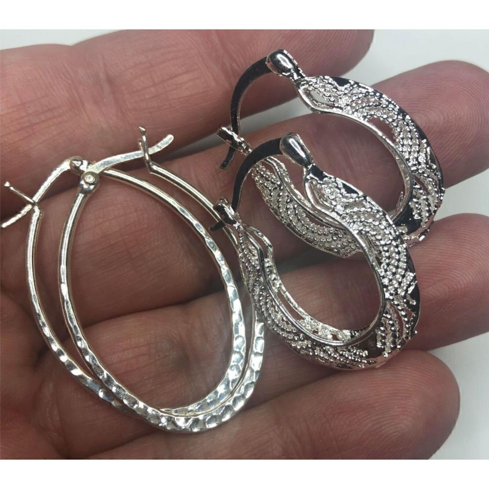 611 Lot of 2 silvertone Large  oval hammered/ filigre hoop earrings